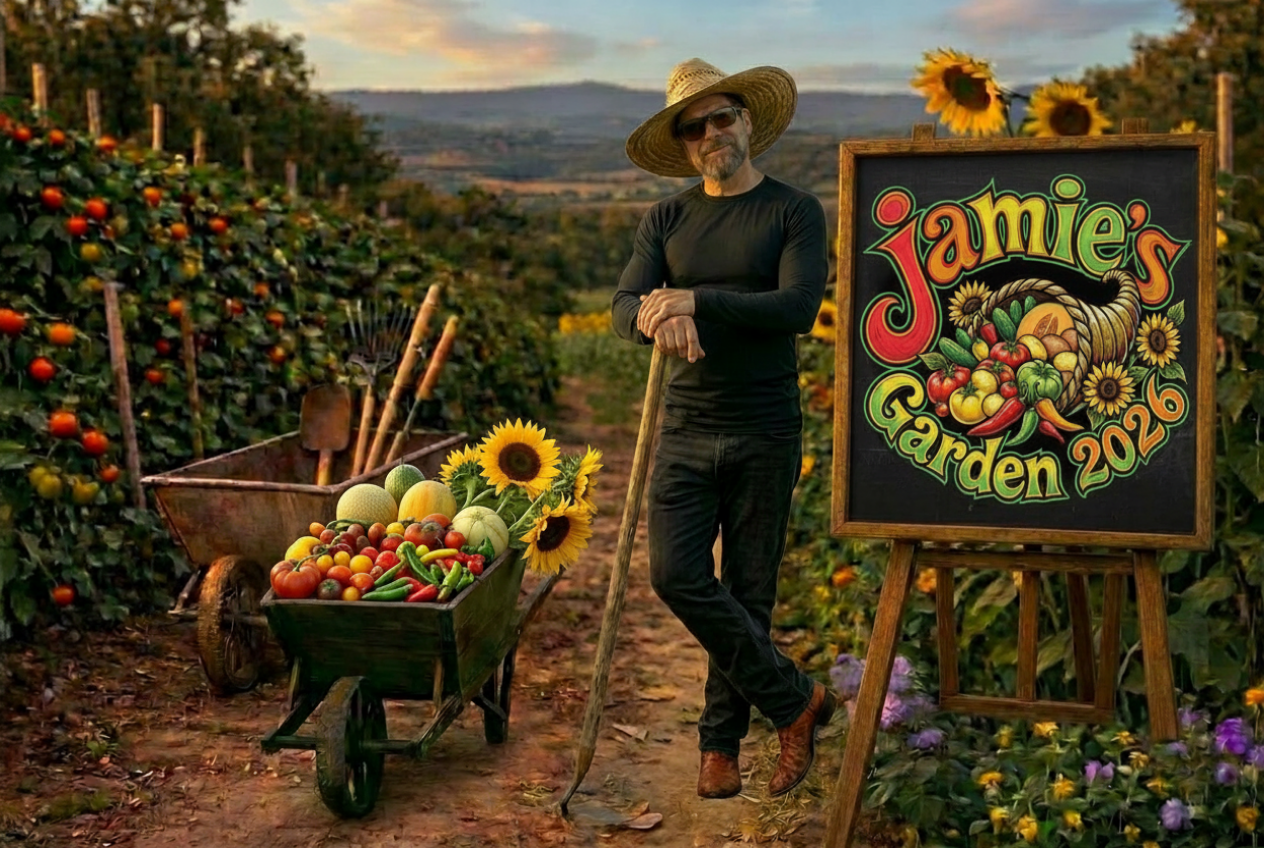 Jamie in the garden with wheelbarrow of vegetables